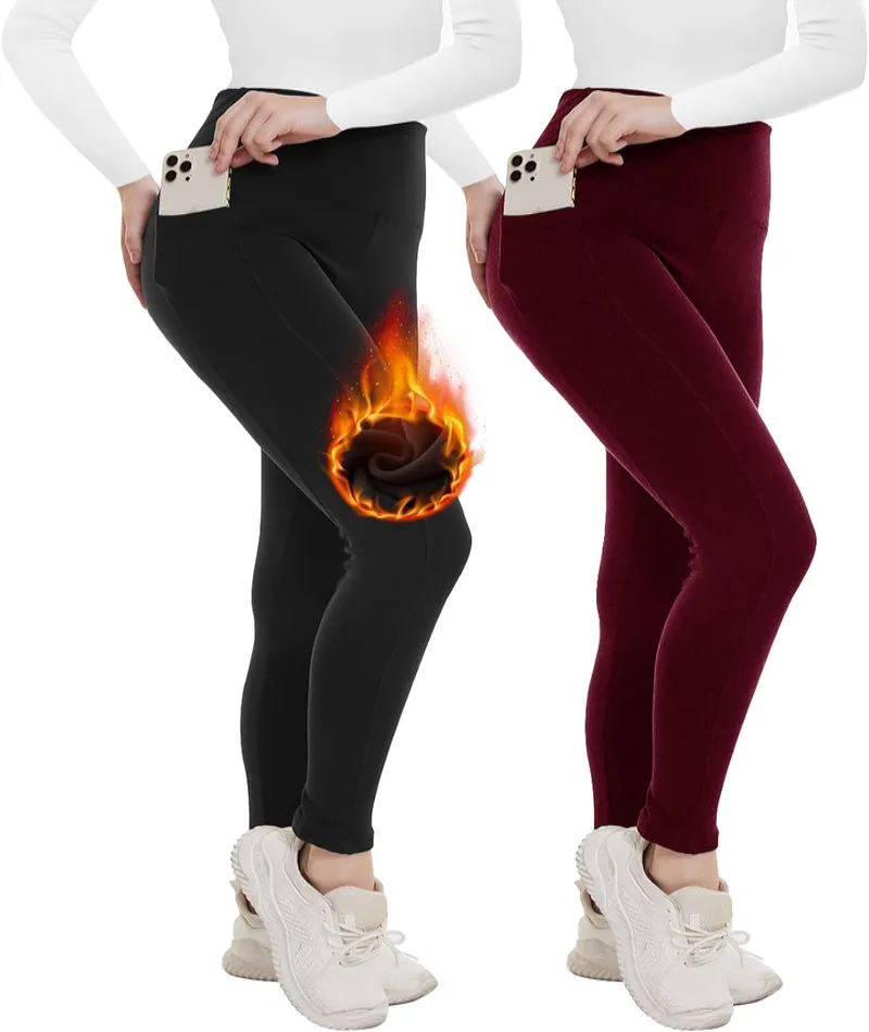 2 Pack Fleece Lined High Waisted Leggings for Women - Warm Winter Pants Tummy Control