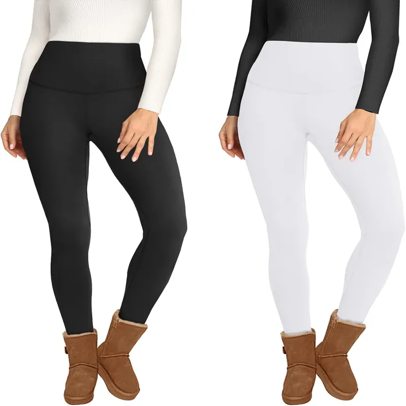 2 Pack Fleece Lined High Waisted Leggings for Women - Warm Winter Pants Tummy Control