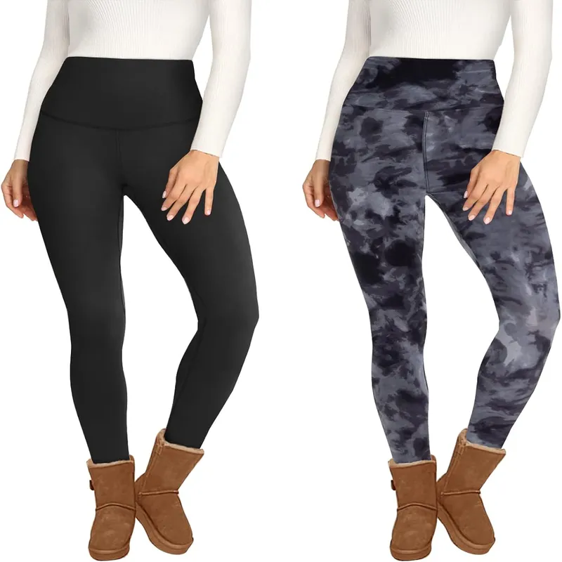 2 Pack Fleece Lined High Waisted Leggings for Women - Warm Winter Pants Tummy Control