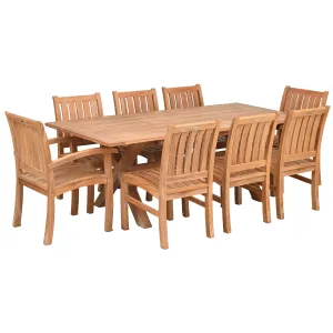 9 Piece Teak Wood Dining Set Including 87" Rectangular Cross Table with 2 Abaco Arm Chairs & 6 Side Chairs