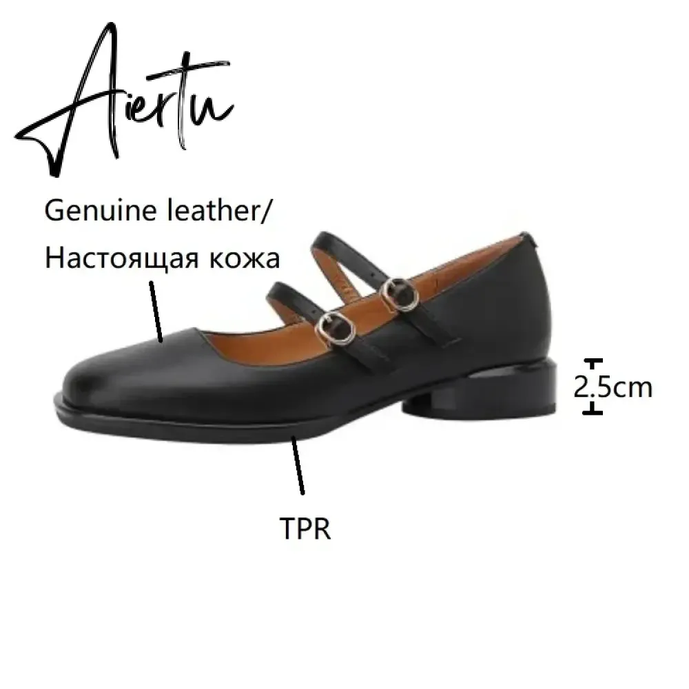 Aiertu HOT SALE Spring Fashion Women Shoes Round Toe Chunky Heel Shoes Women Cow Leather Low Heel Women Pumps Solid Retro Mary Janes