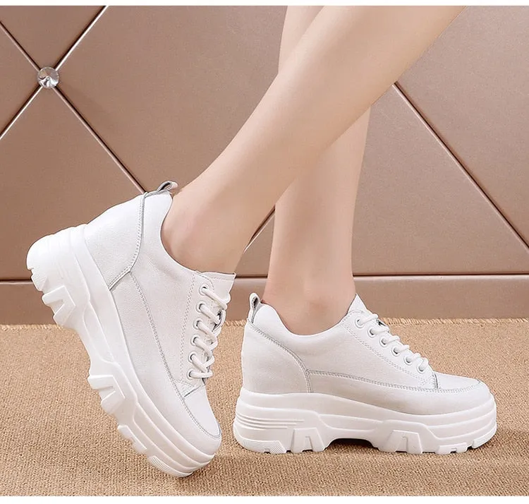 Amozae  8Cm Leather Microfiber Women Casual Shoes Platform Wedge Hidden Heel Summer Shoes Platform Chunky Sneakeers Fashion White