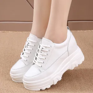 Amozae  8Cm Leather Microfiber Women Casual Shoes Platform Wedge Hidden Heel Summer Shoes Platform Chunky Sneakeers Fashion White