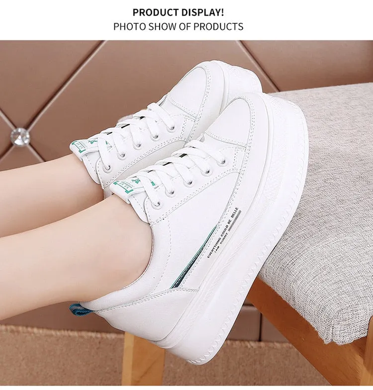 Amozae  8Cm Leather Microfiber Women Casual Shoes Platform Wedge Hidden Heel Summer Shoes Platform Chunky Sneakeers Fashion White