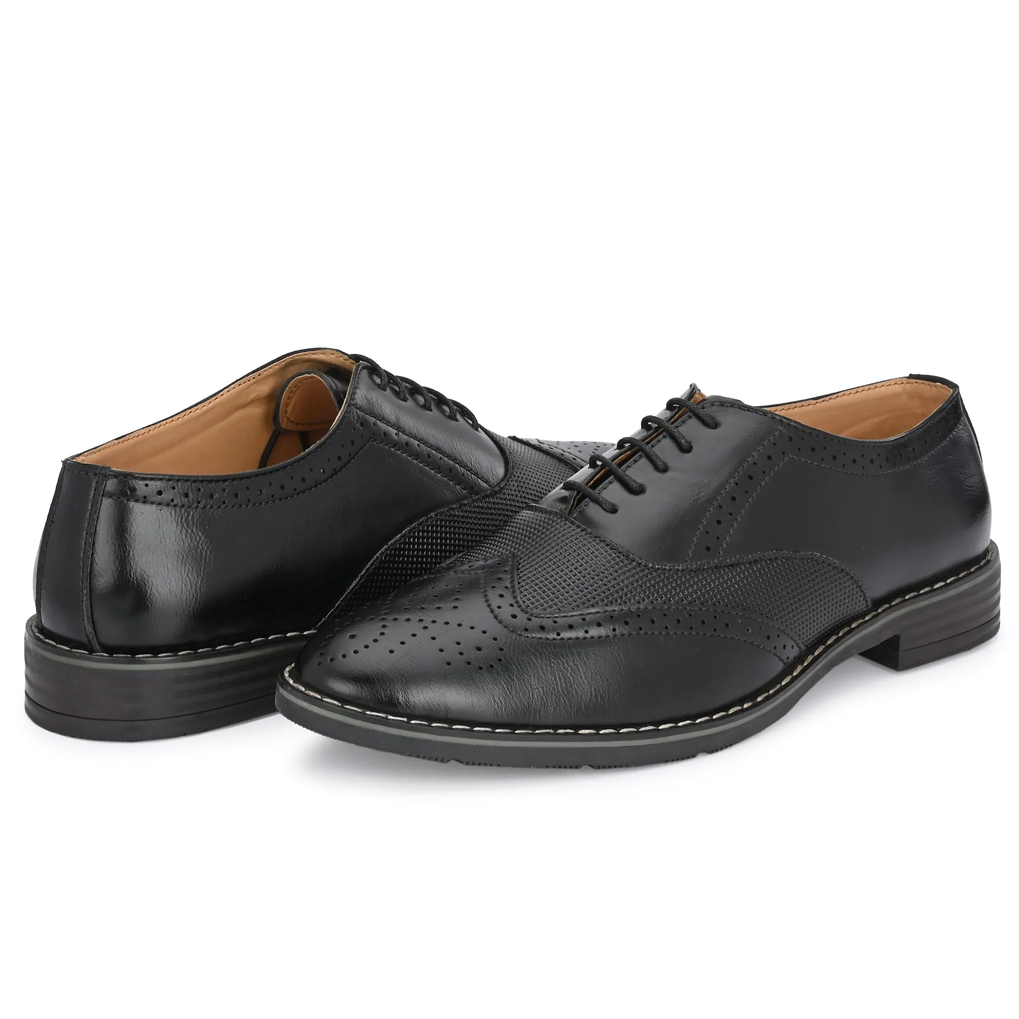 Attitudist Unisex Handcrafted Black Formal Lace-up Derby Shoes Full Brouges With Wingtips