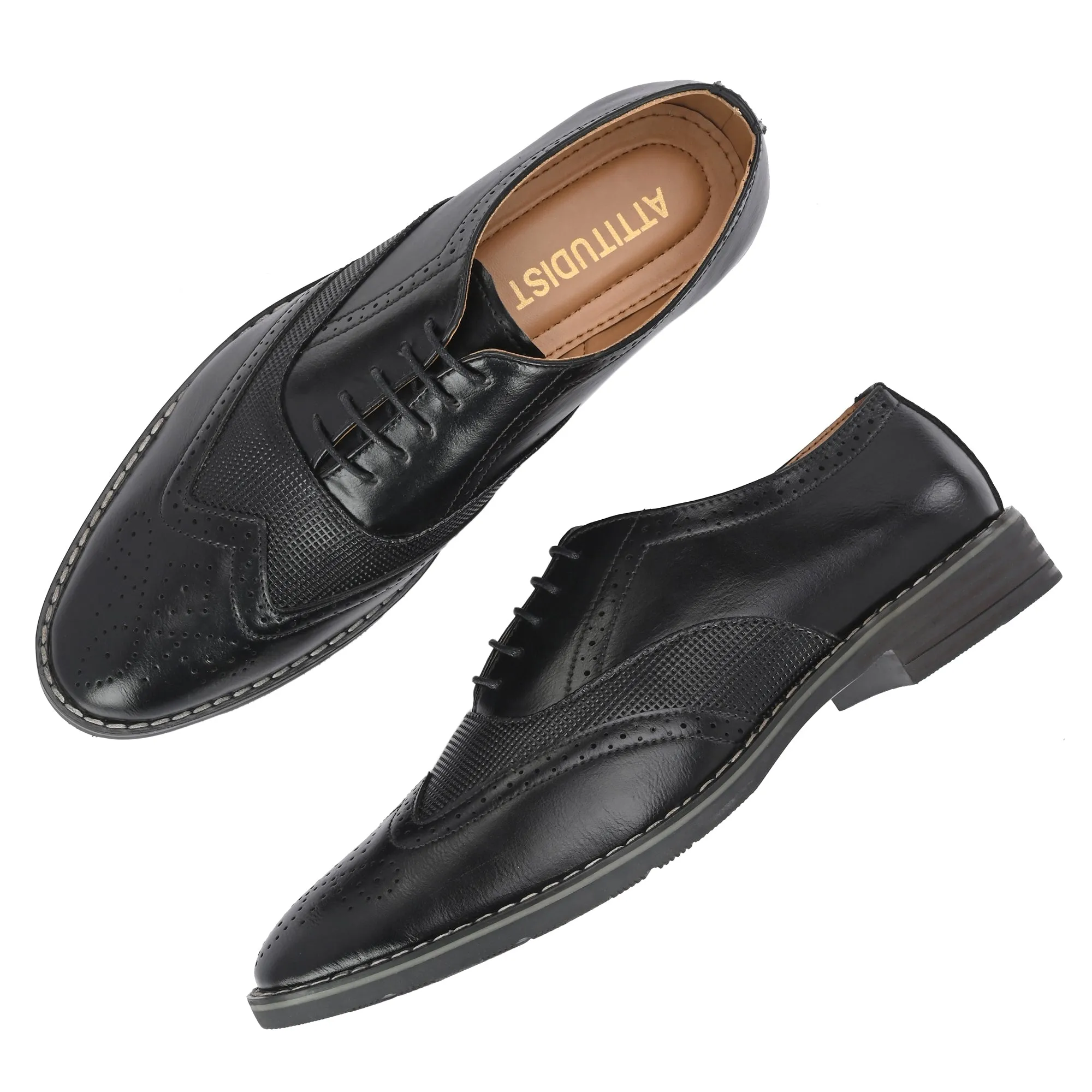 Attitudist Unisex Handcrafted Black Formal Lace-up Derby Shoes Full Brouges With Wingtips