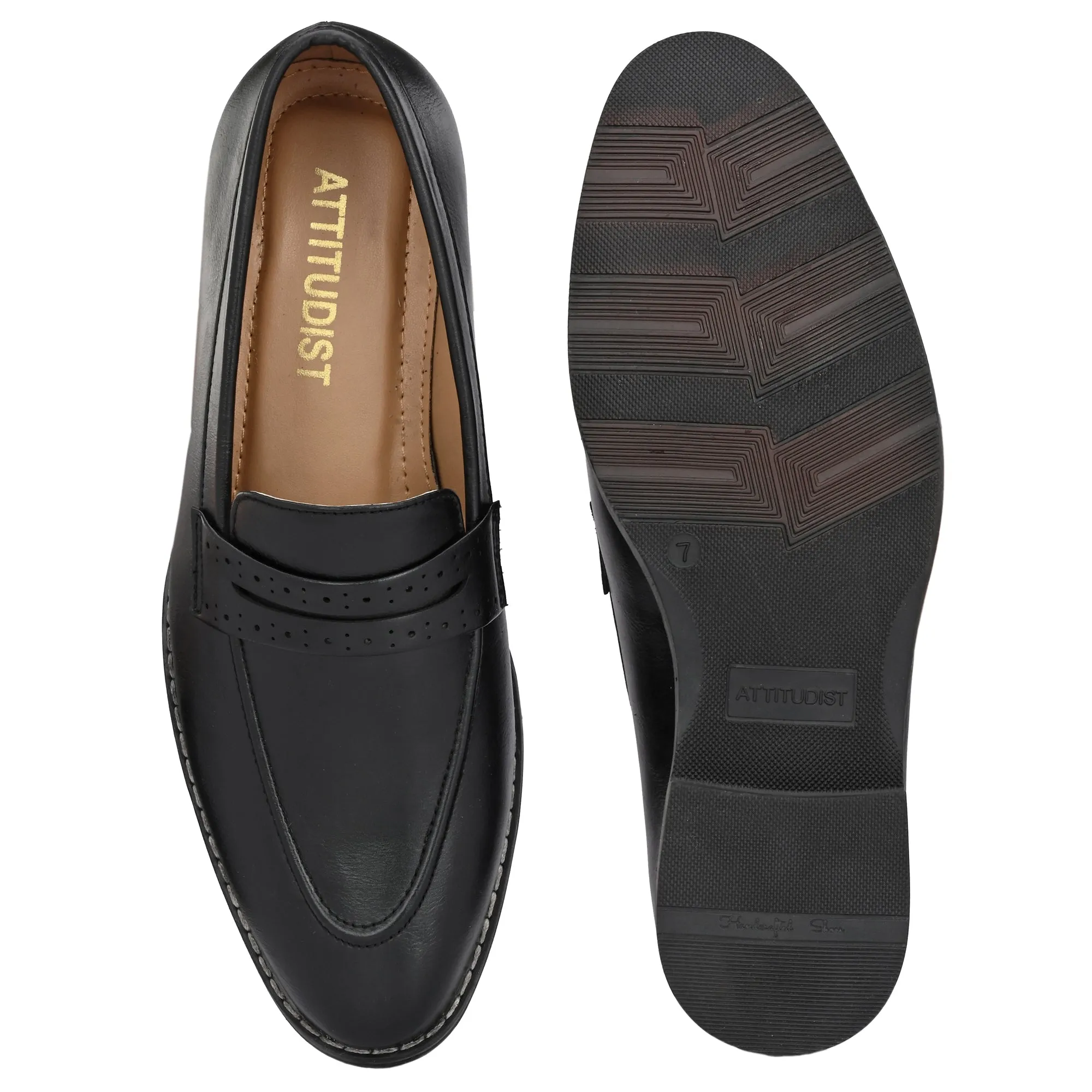 Attitudist Unisex Handcrafted Black Plain Penny Slip On Round Toe Basket Loafer With Double Stitched