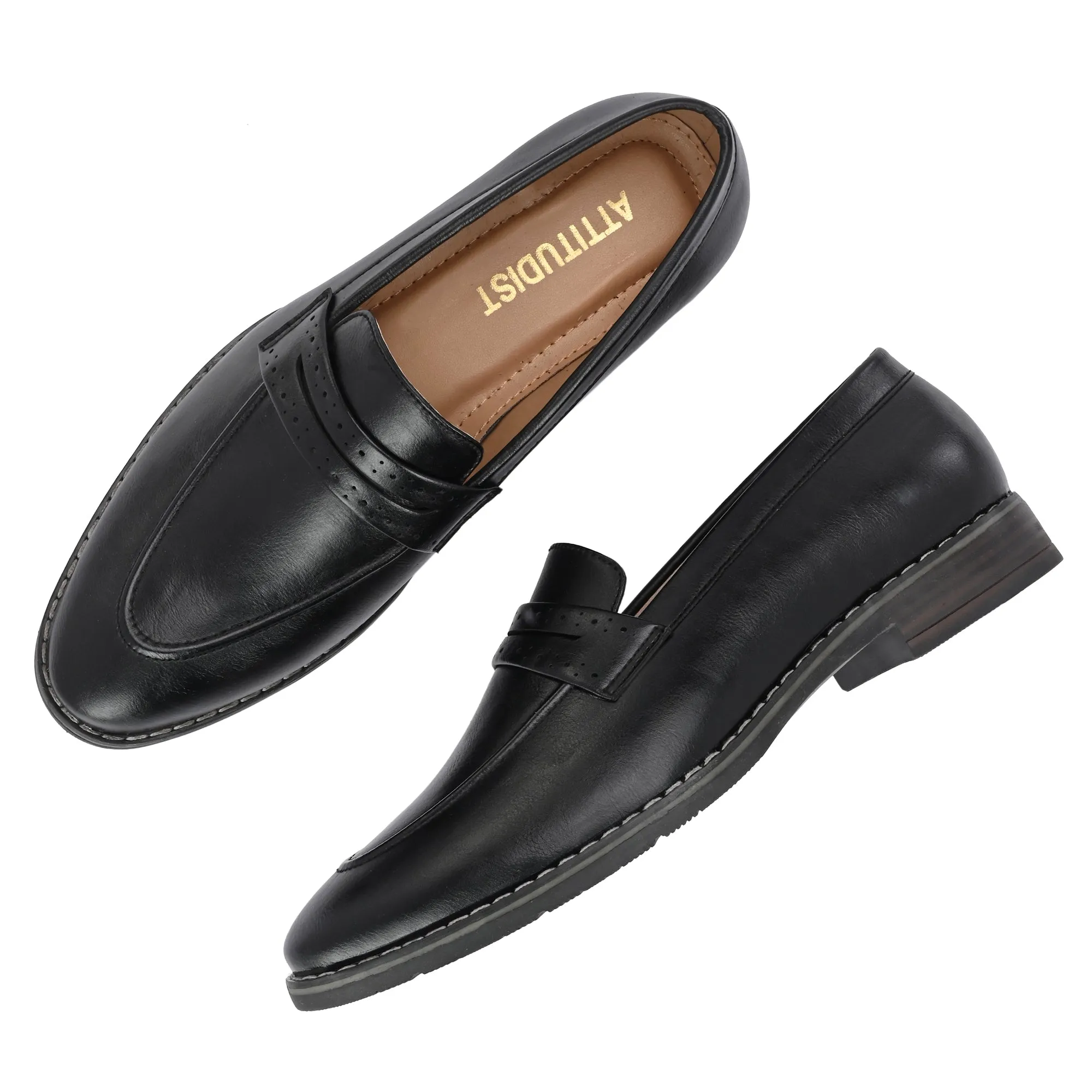 Attitudist Unisex Handcrafted Black Plain Penny Slip On Round Toe Basket Loafer With Double Stitched