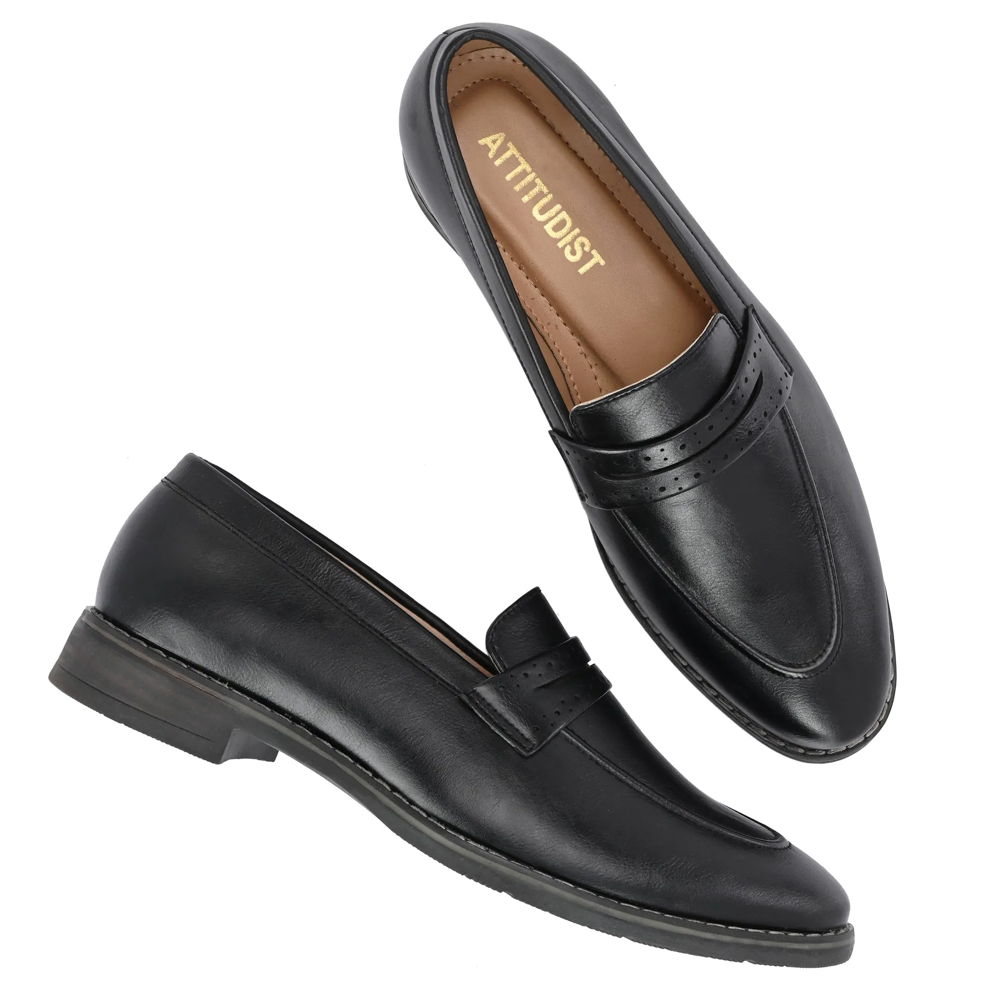 Attitudist Unisex Handcrafted Black Plain Penny Slip On Round Toe Basket Loafer With Double Stitched