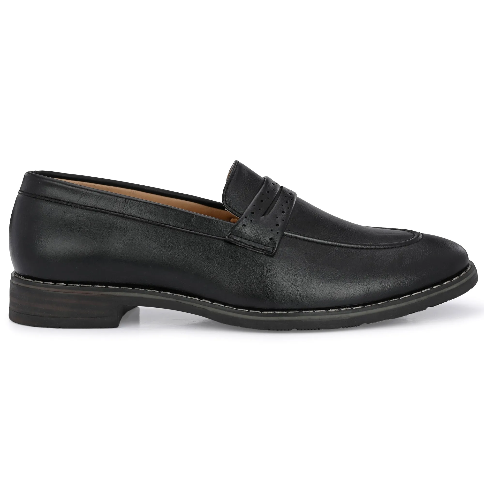 Attitudist Unisex Handcrafted Black Plain Penny Slip On Round Toe Basket Loafer With Double Stitched