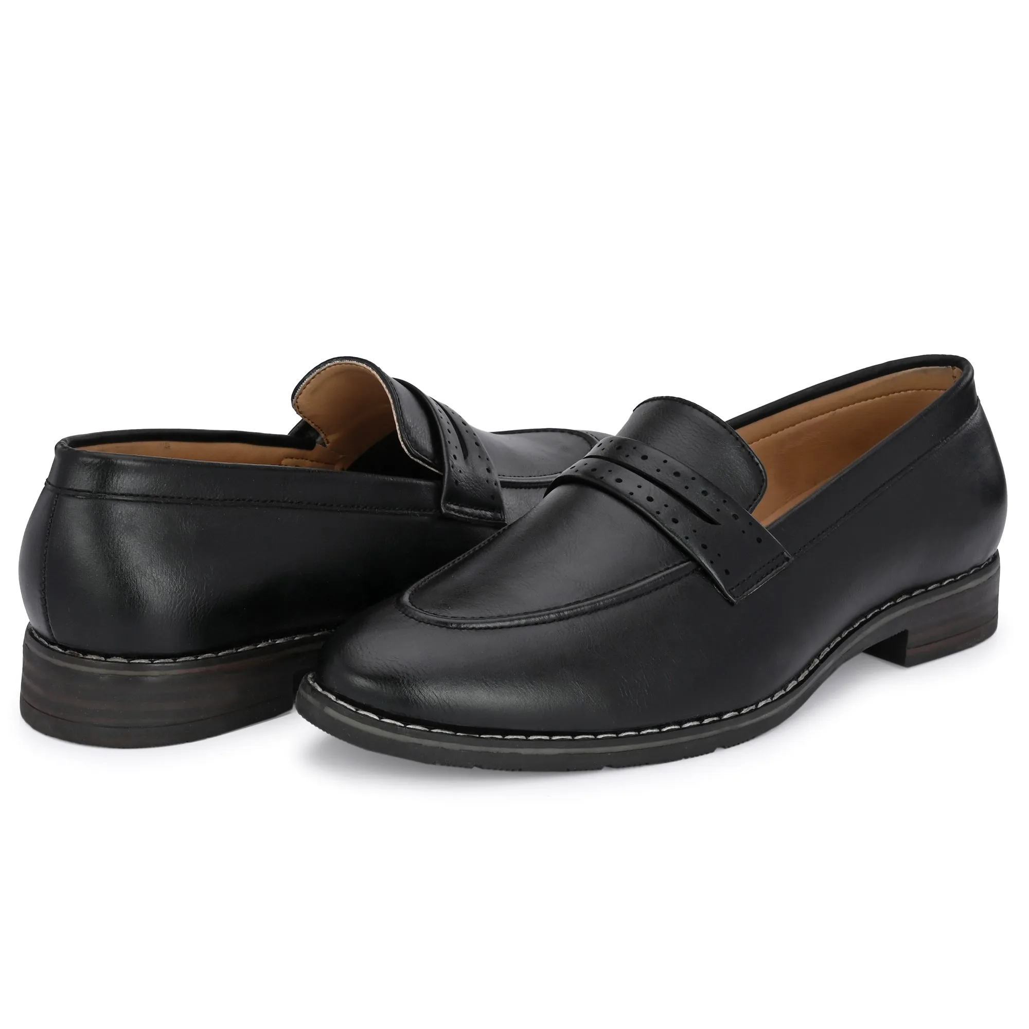 Attitudist Unisex Handcrafted Black Plain Penny Slip On Round Toe Basket Loafer With Double Stitched