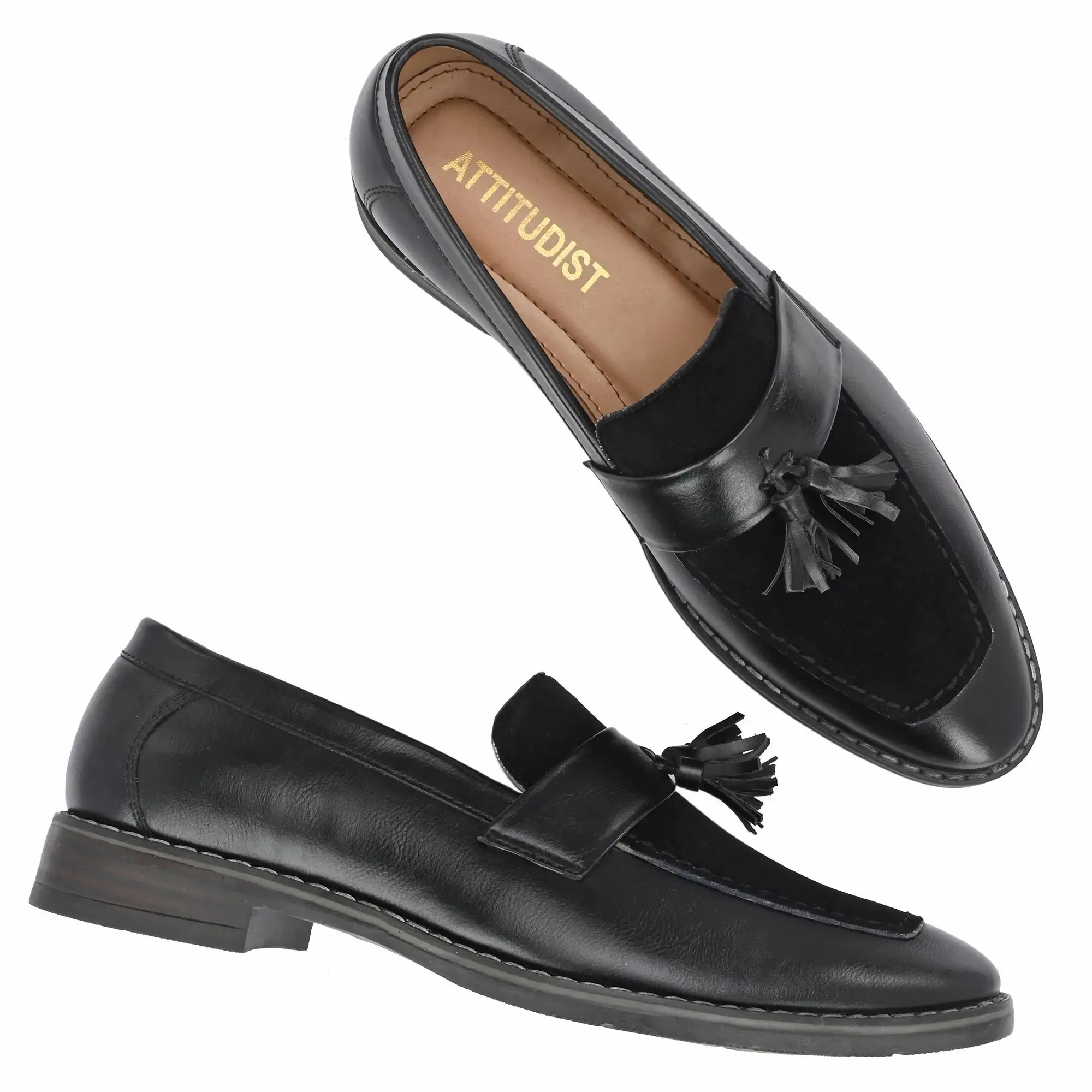 Attitudist Unisex Handcrafted Black Plain Tassel Loafer With Double Stitched Vamp