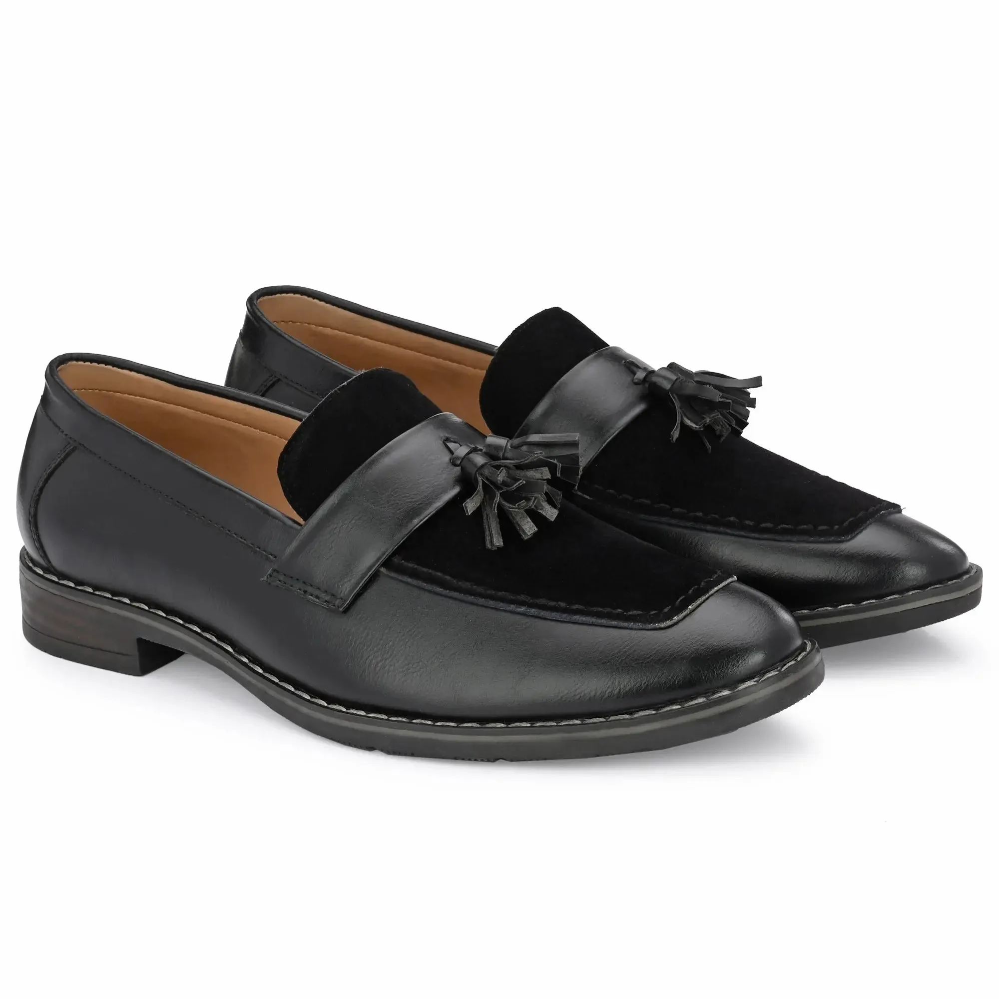 Attitudist Unisex Handcrafted Black Plain Tassel Loafer With Double Stitched Vamp