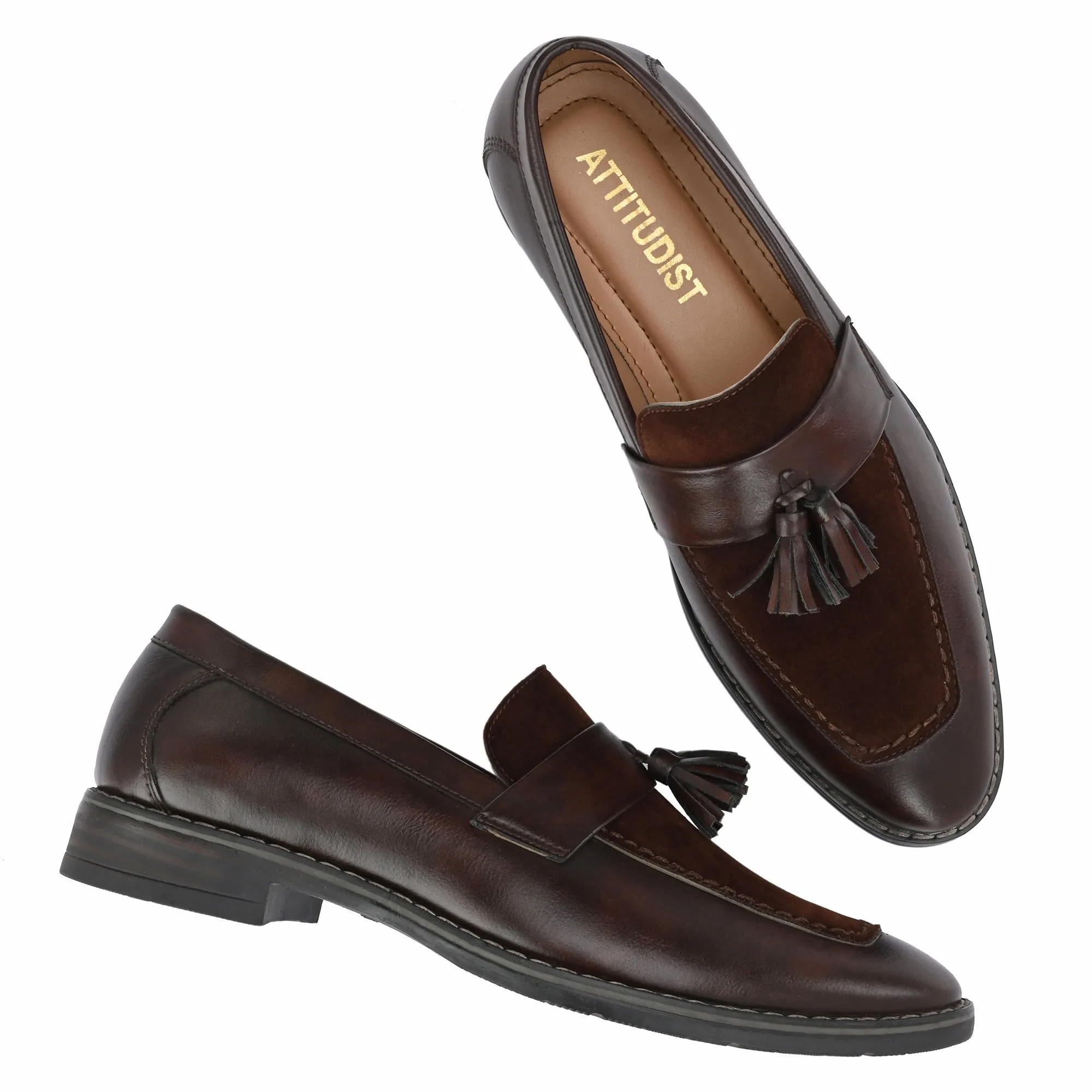 Attitudist Unisex Handcrafted Brown Plain Tassel Loafer With Knotted Laces In Moccassin Style