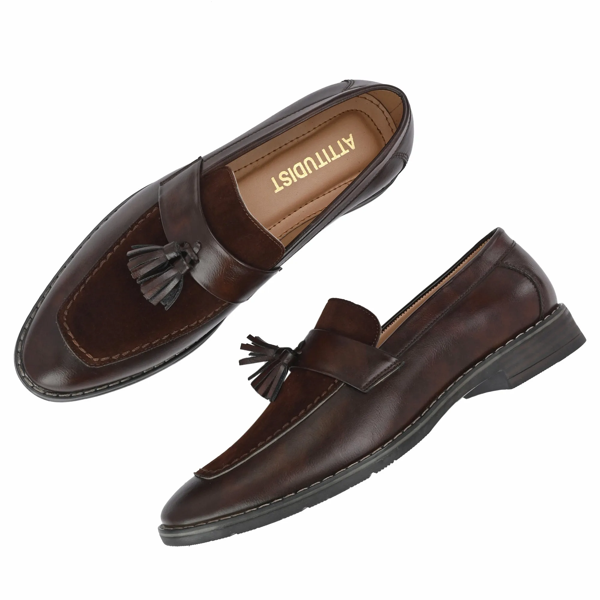 Attitudist Unisex Handcrafted Brown Plain Tassel Loafer With Knotted Laces In Moccassin Style