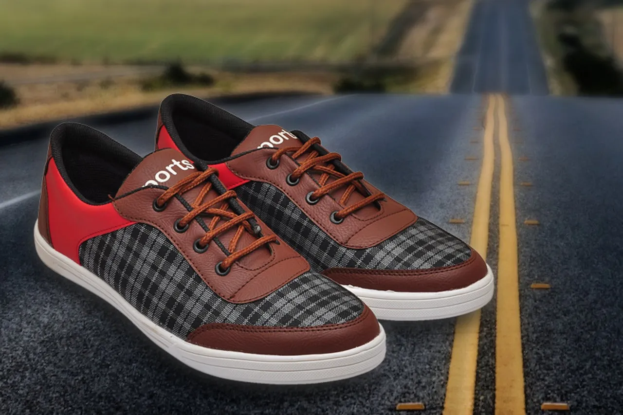 Attrective Artificial Leather Red and Brown Casual Shoes for Mens