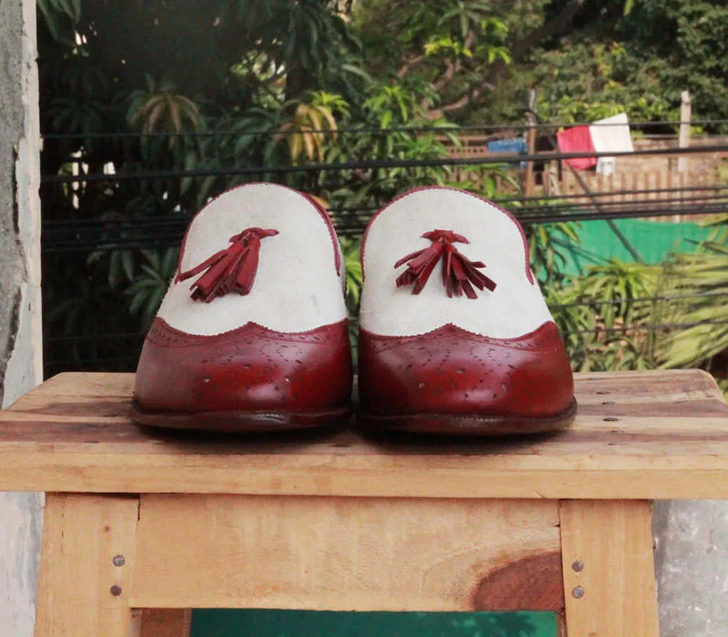 Bespoke Burgundy White Leather Suede Tussle Loafer Shoes