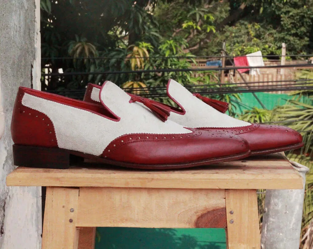 Bespoke Burgundy White Leather Suede Tussle Loafer Shoes