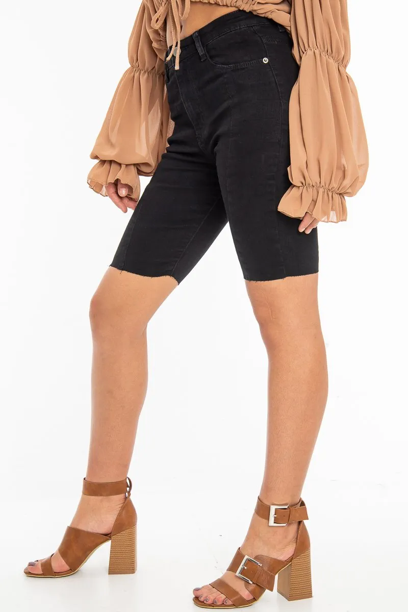 Black Seam Front Raw Hem Denim Cycle Shorts - Kayli