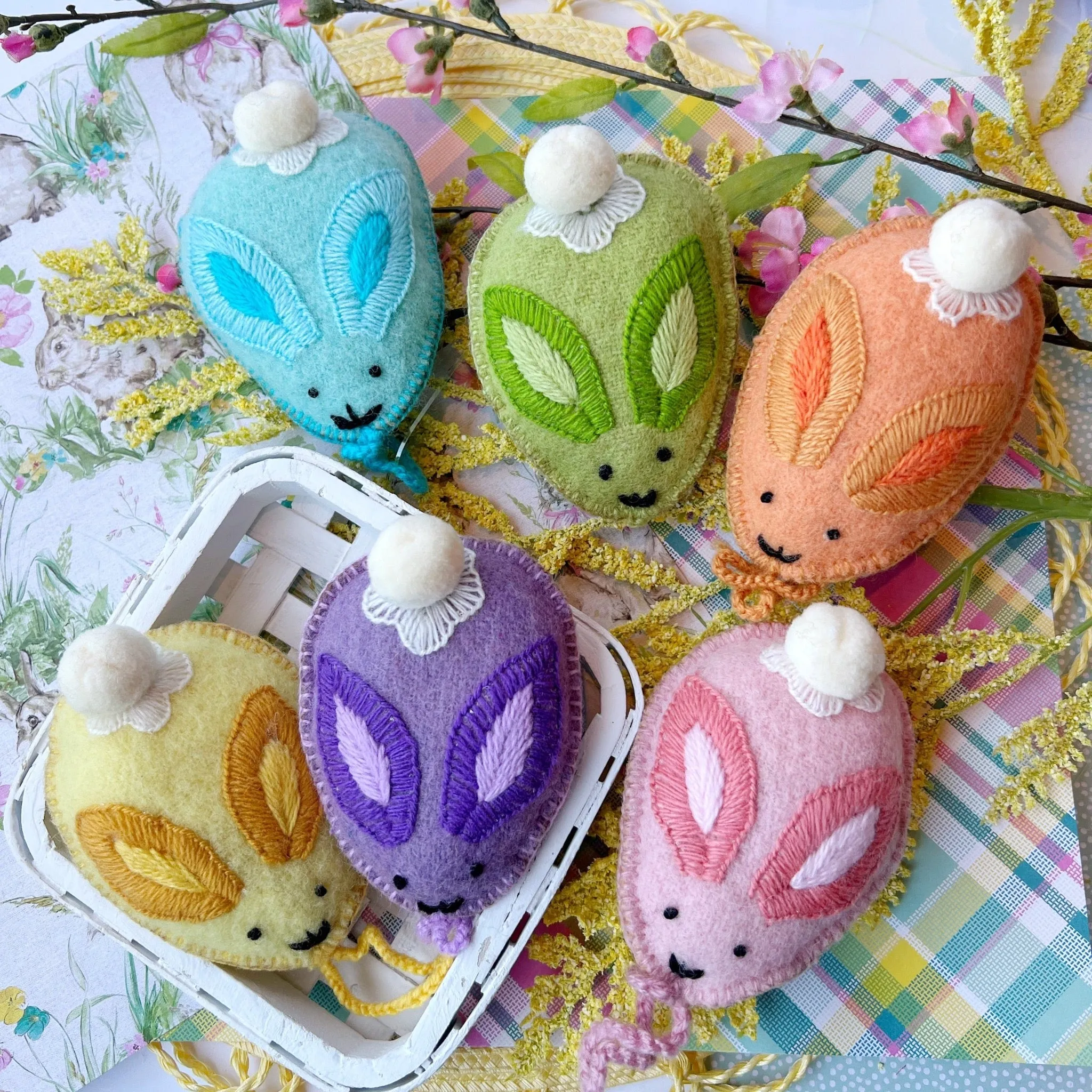 Bunny Egg Easter Ornaments (Various Colors), Embroidered Wool