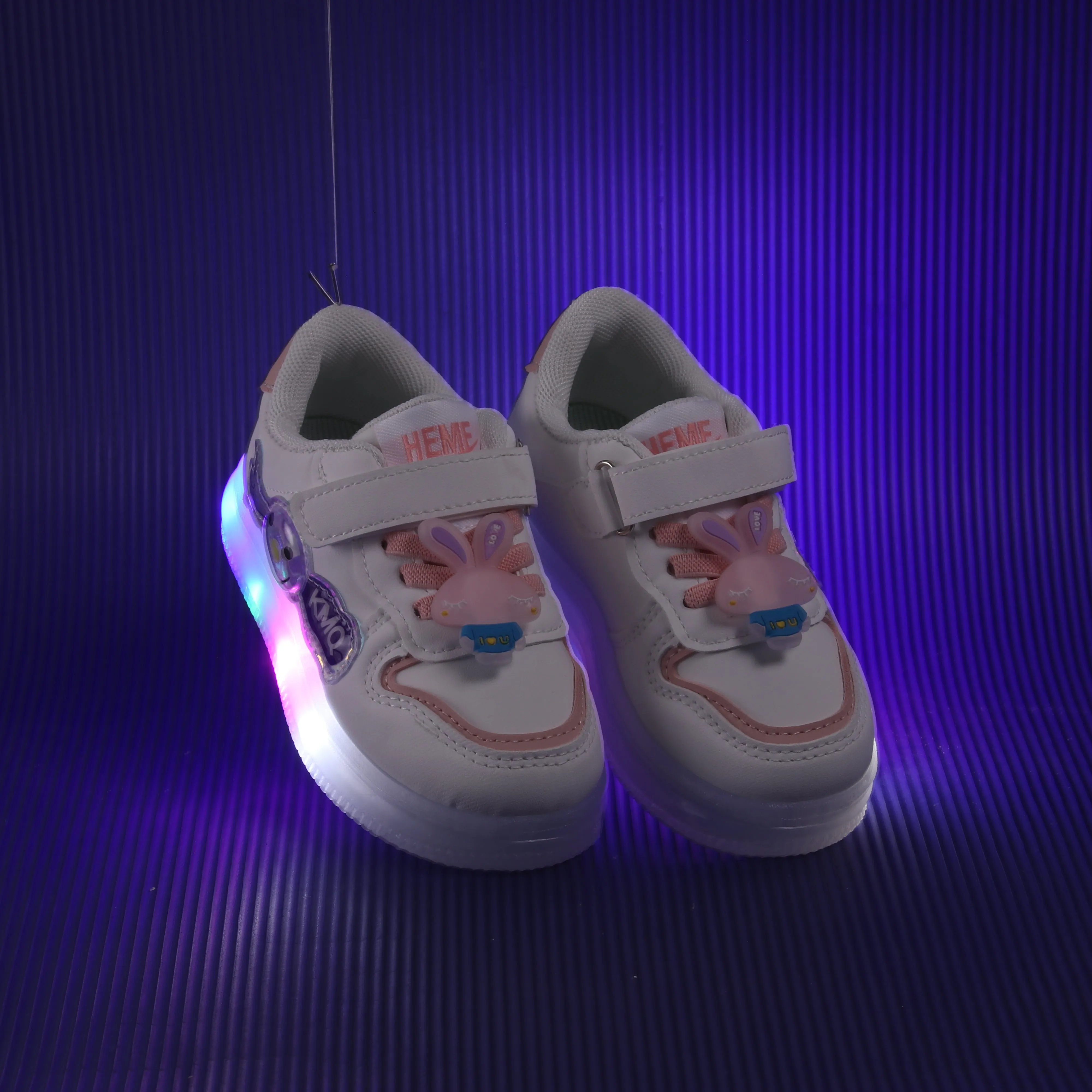 Charm Applique Velcro Closure Led Shoes - White & Pink