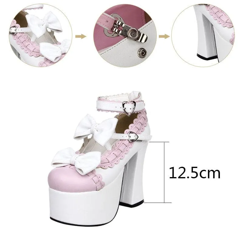 Chunky Pink and White High Wedge Heel Sissy Mary Jane Bow Shoes