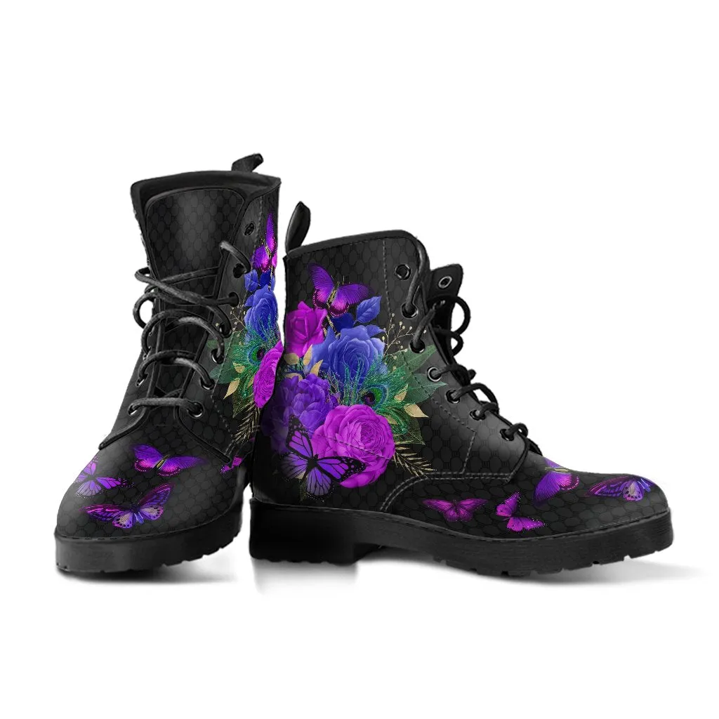 Combat Boots - Butterfly Shoes #107 Purple, Custom Shoes, Women's Boots, Aesthetic Shoes, Boho Shoes, Vintage Style Shoes, Sorority Shoes