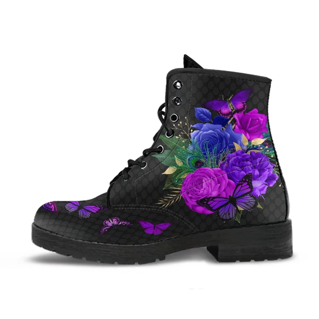 Combat Boots - Butterfly Shoes #107 Purple, Custom Shoes, Women's Boots, Aesthetic Shoes, Boho Shoes, Vintage Style Shoes, Sorority Shoes