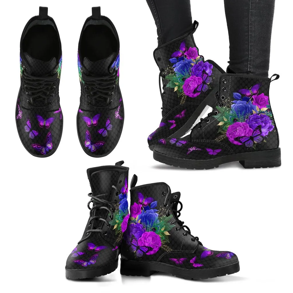 Combat Boots - Butterfly Shoes #107 Purple, Custom Shoes, Women's Boots, Aesthetic Shoes, Boho Shoes, Vintage Style Shoes, Sorority Shoes