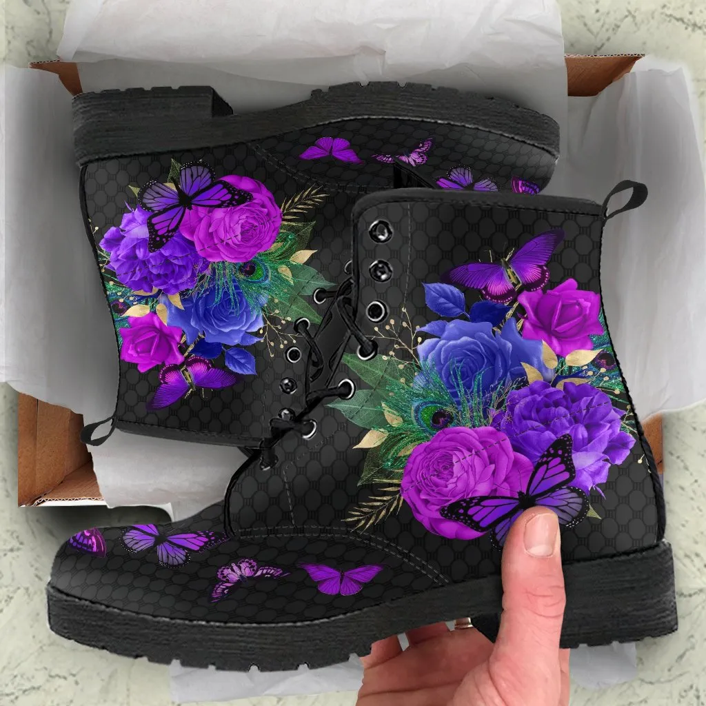 Combat Boots - Butterfly Shoes #107 Purple, Custom Shoes, Women's Boots, Aesthetic Shoes, Boho Shoes, Vintage Style Shoes, Sorority Shoes