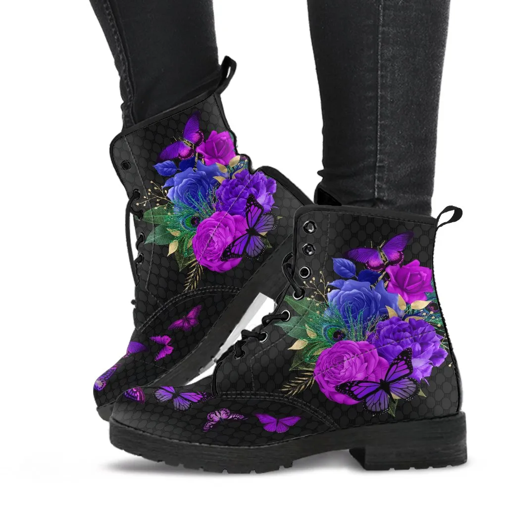 Combat Boots - Butterfly Shoes #107 Purple, Custom Shoes, Women's Boots, Aesthetic Shoes, Boho Shoes, Vintage Style Shoes, Sorority Shoes