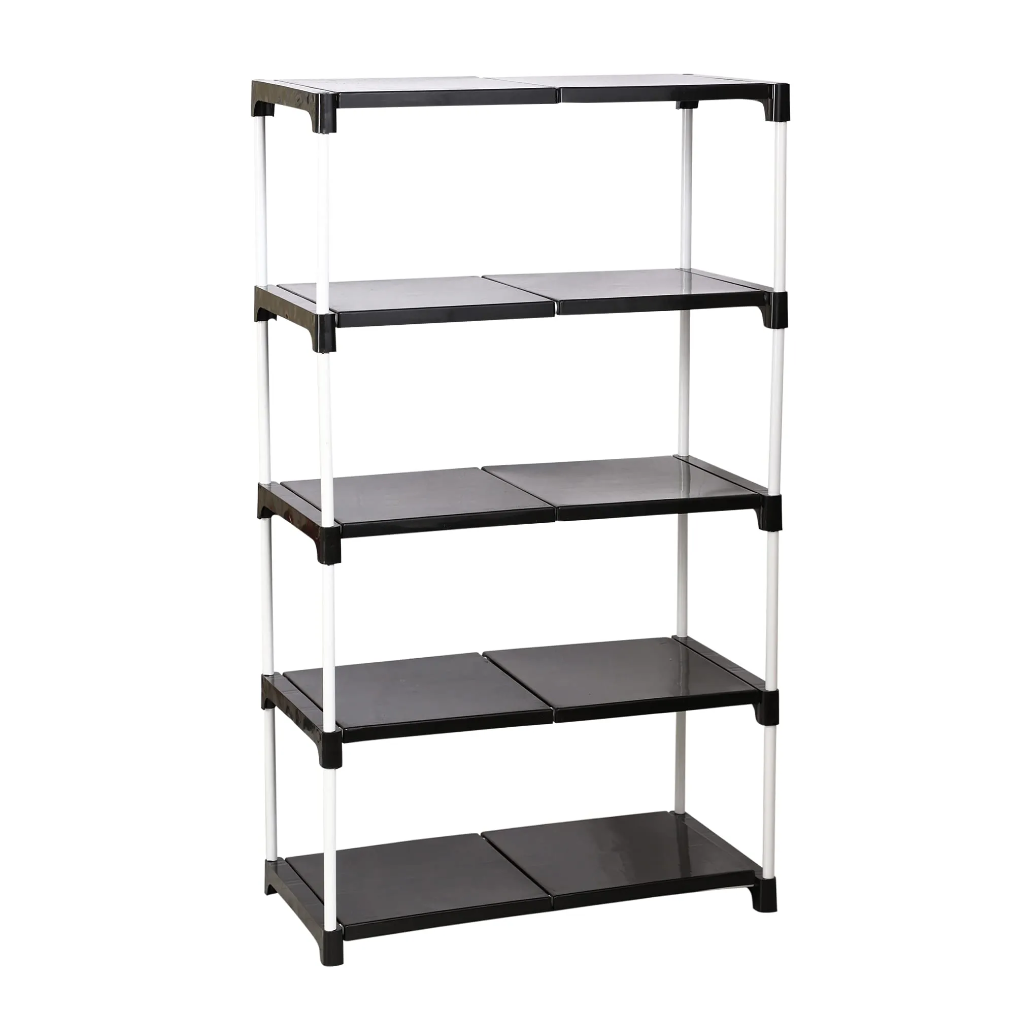 Dhani Creation Black & White Extra Strong Multipurpose Organizer Plastic Steps and Powder Coated Metal Rods Shoe Racks/Clothes/Books/Utility Rack (5 Step)