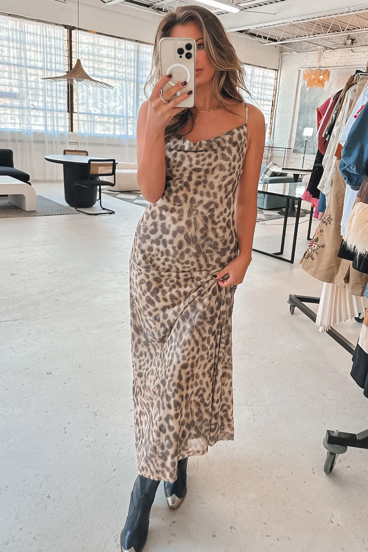 Dressed Up On Trend Leopard Cowl Neck Maxi Dress