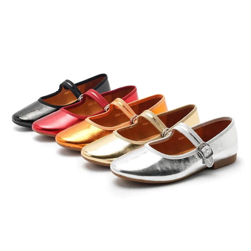 Dwarves Handmade Leather Women's Michaela Mary Jane Flats in Golden/Red/Orange/Silver/Black