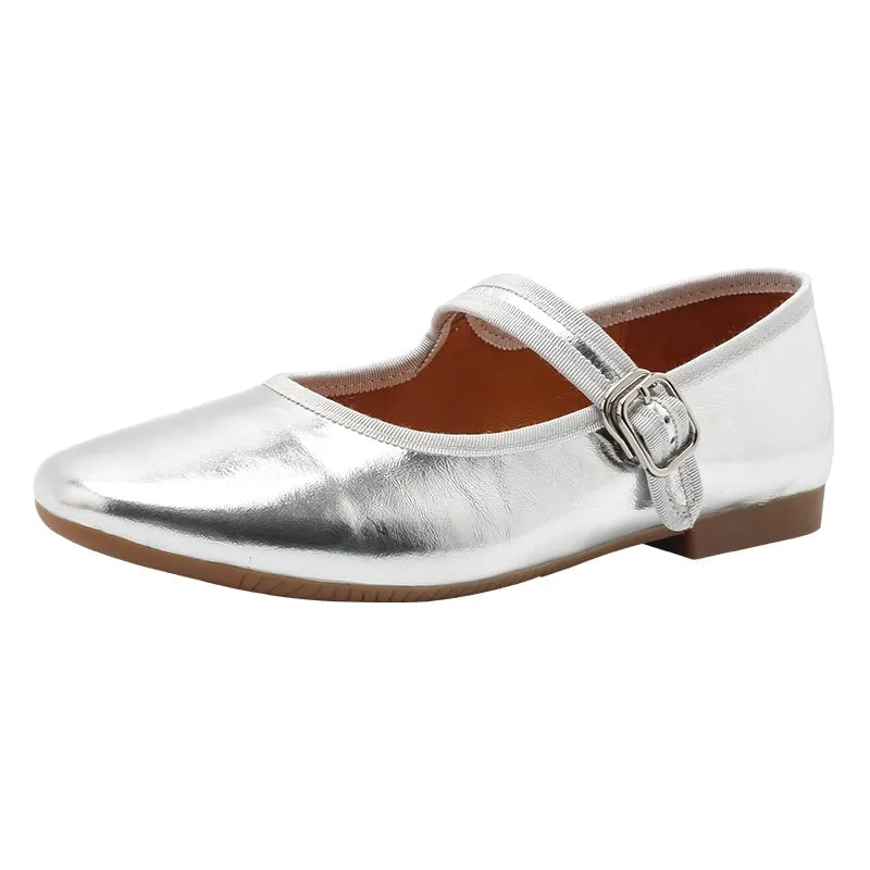 Dwarves Handmade Leather Women's Michaela Mary Jane Flats in Golden/Red/Orange/Silver/Black