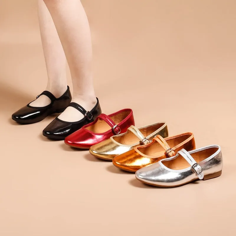 Dwarves Handmade Leather Women's Michaela Mary Jane Flats in Golden/Red/Orange/Silver/Black