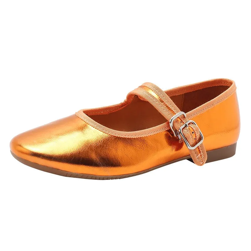 Dwarves Handmade Leather Women's Michaela Mary Jane Flats in Golden/Red/Orange/Silver/Black