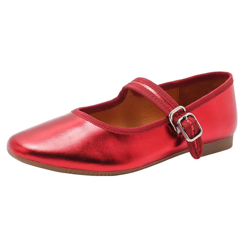 Dwarves Handmade Leather Women's Michaela Mary Jane Flats in Golden/Red/Orange/Silver/Black