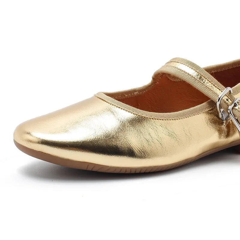 Dwarves Handmade Leather Women's Michaela Mary Jane Flats in Golden/Red/Orange/Silver/Black