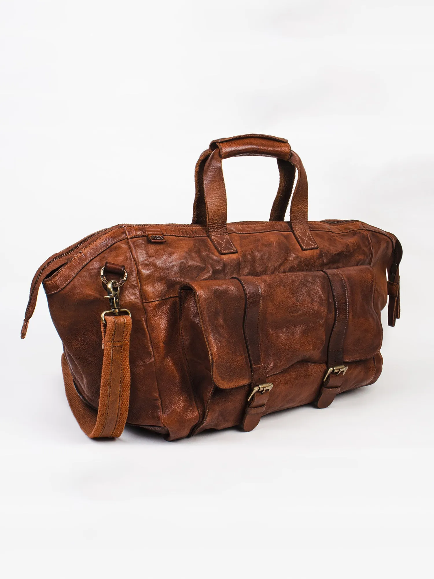 Ethan: Navy Weekender Bag In Washed Leather For Travel