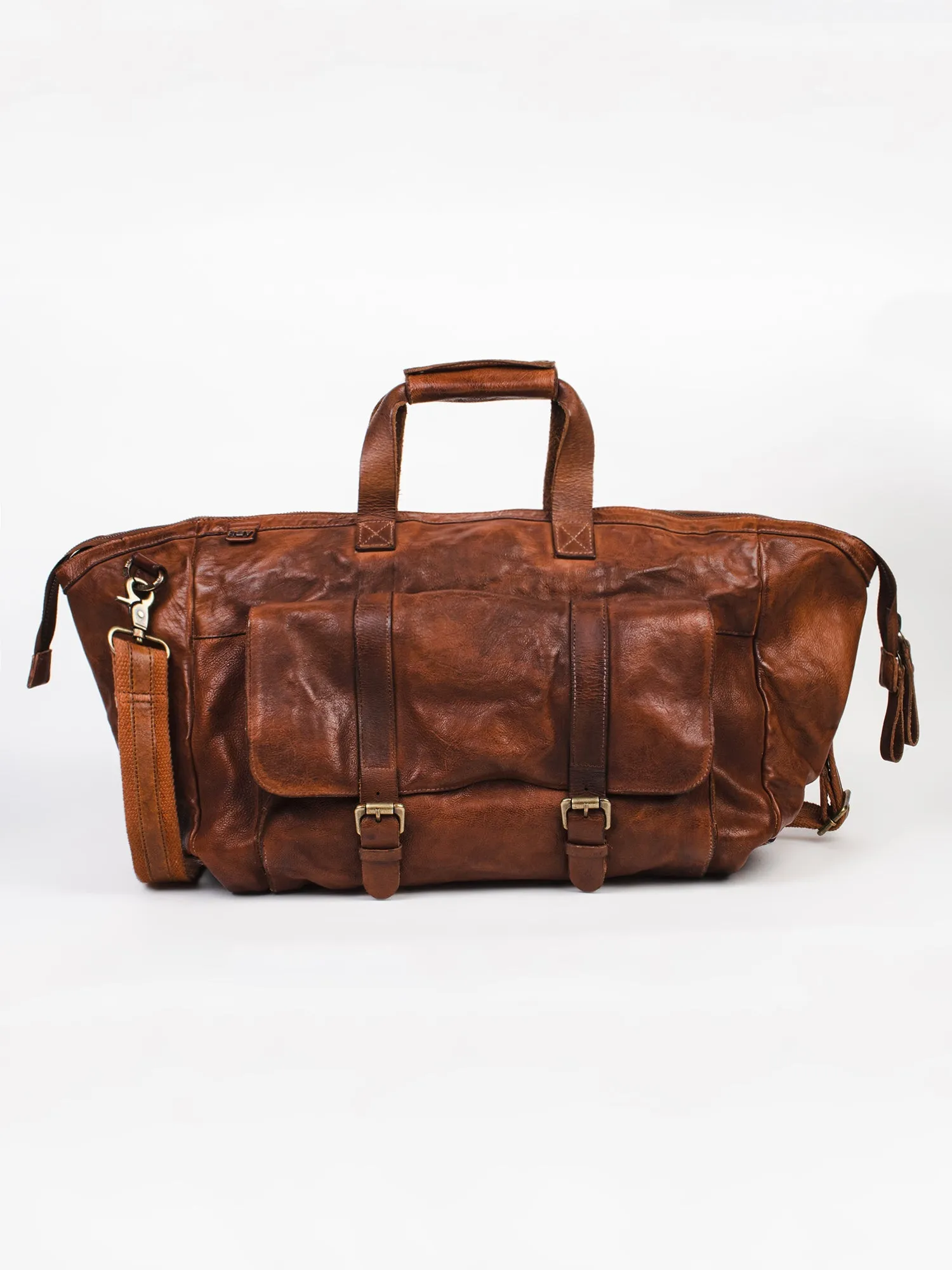 Ethan: Navy Weekender Bag In Washed Leather For Travel