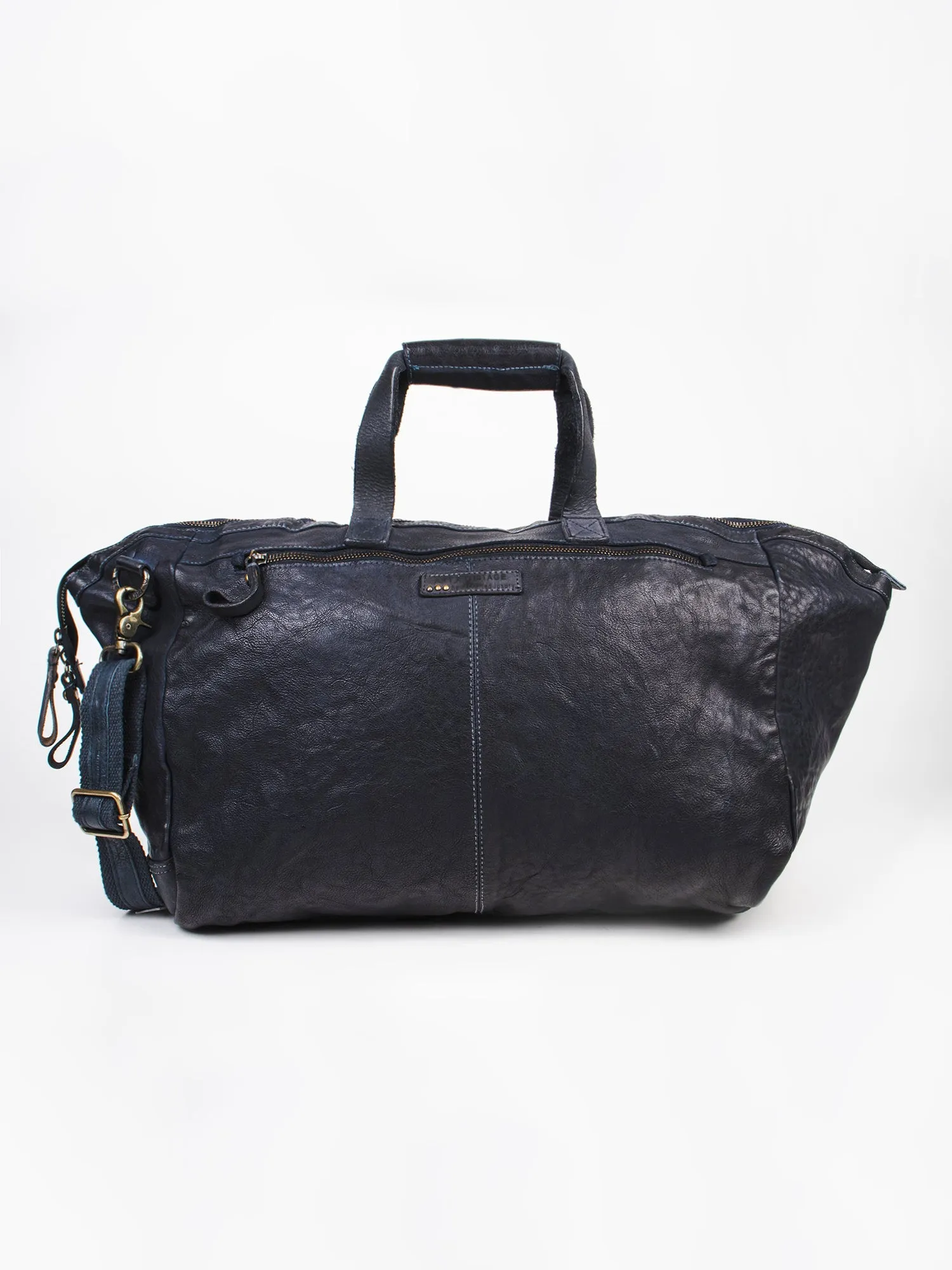 Ethan: Navy Weekender Bag In Washed Leather For Travel