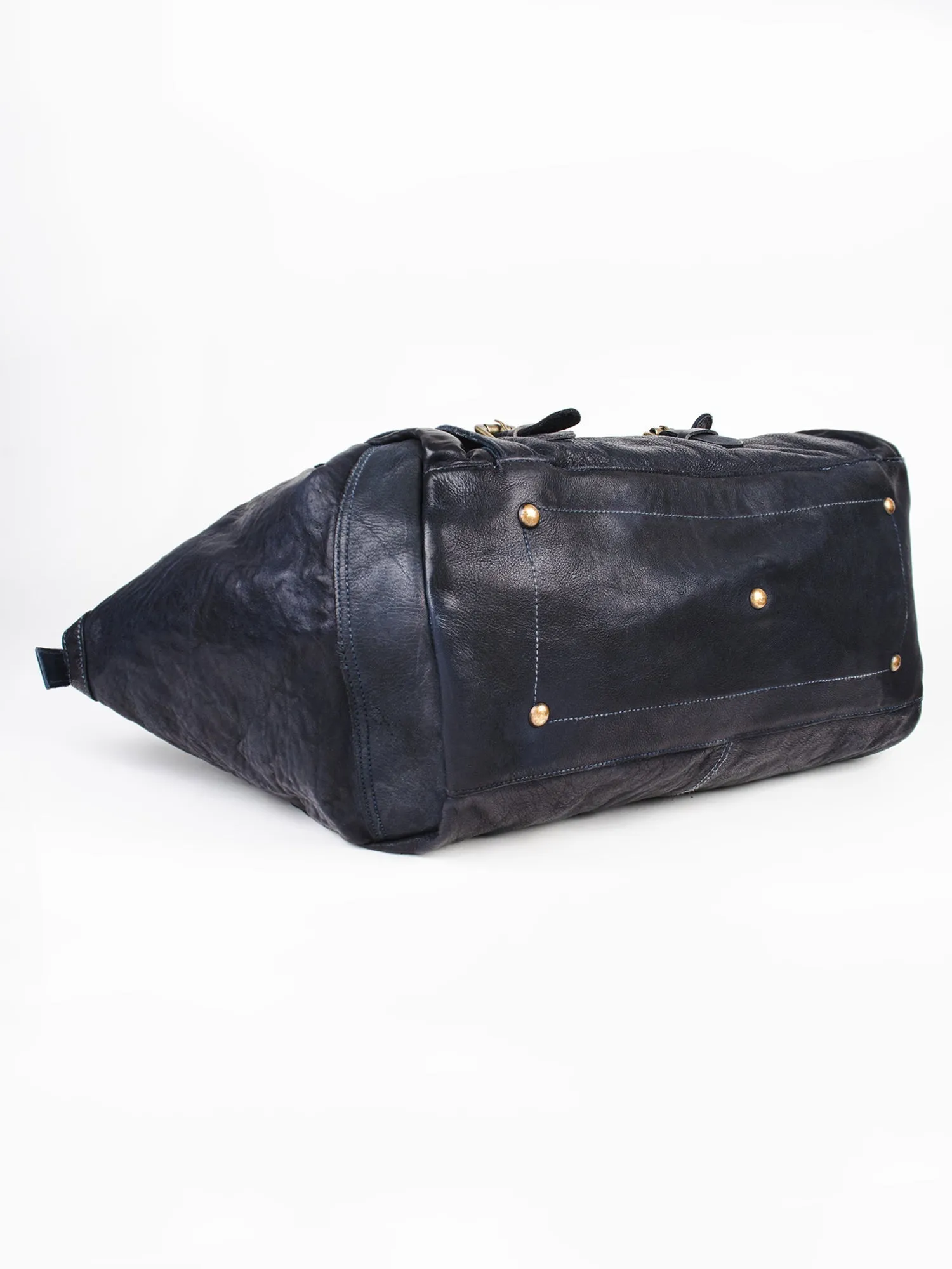 Ethan: Navy Weekender Bag In Washed Leather For Travel