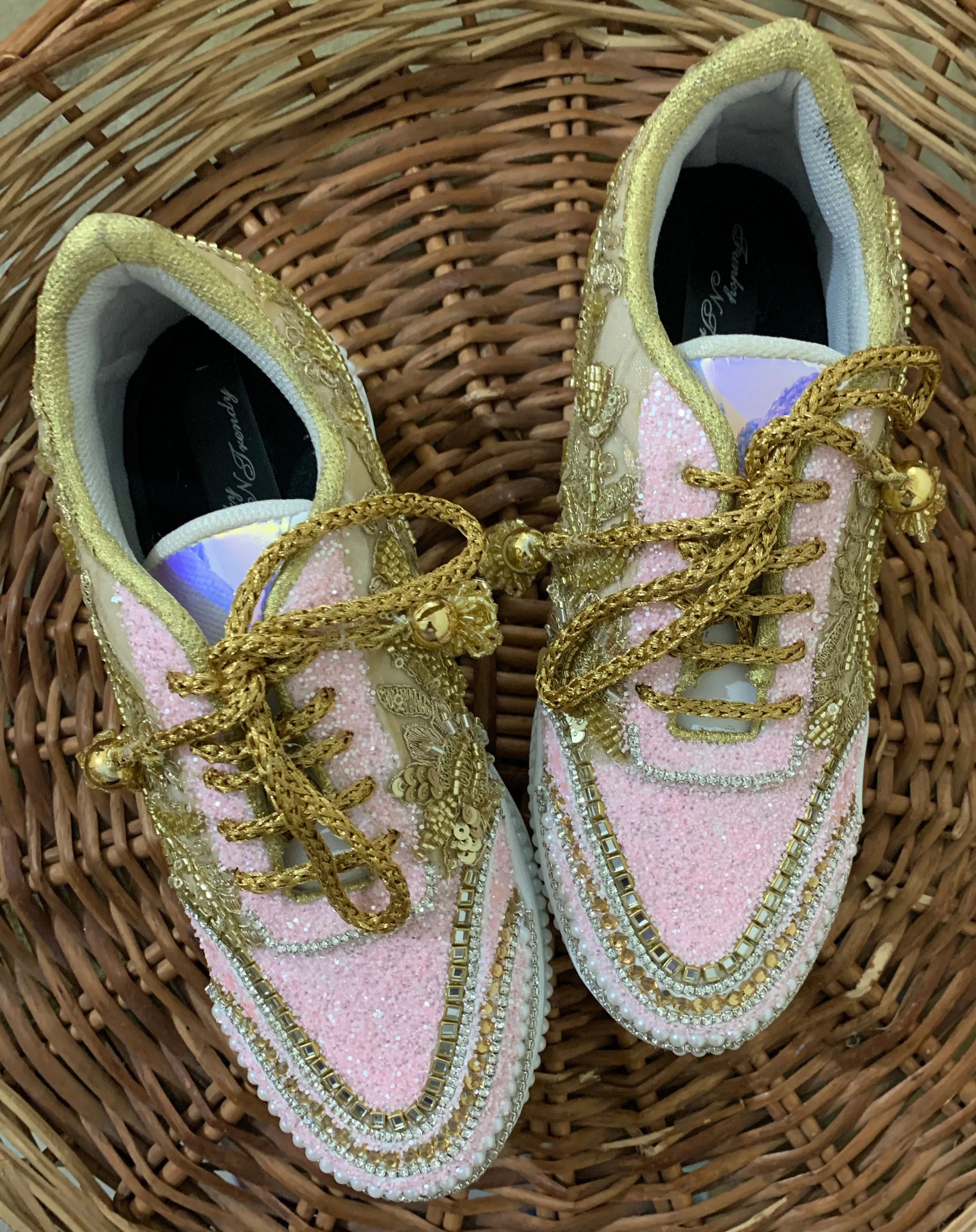 FUNKY N TRENDY baby pink and gold sneakers for brides / bridesmaids/ pink sneakers / baby pink sneakers / bridal sneakers / bridesmaid sneakers/ golden hand work sneakers