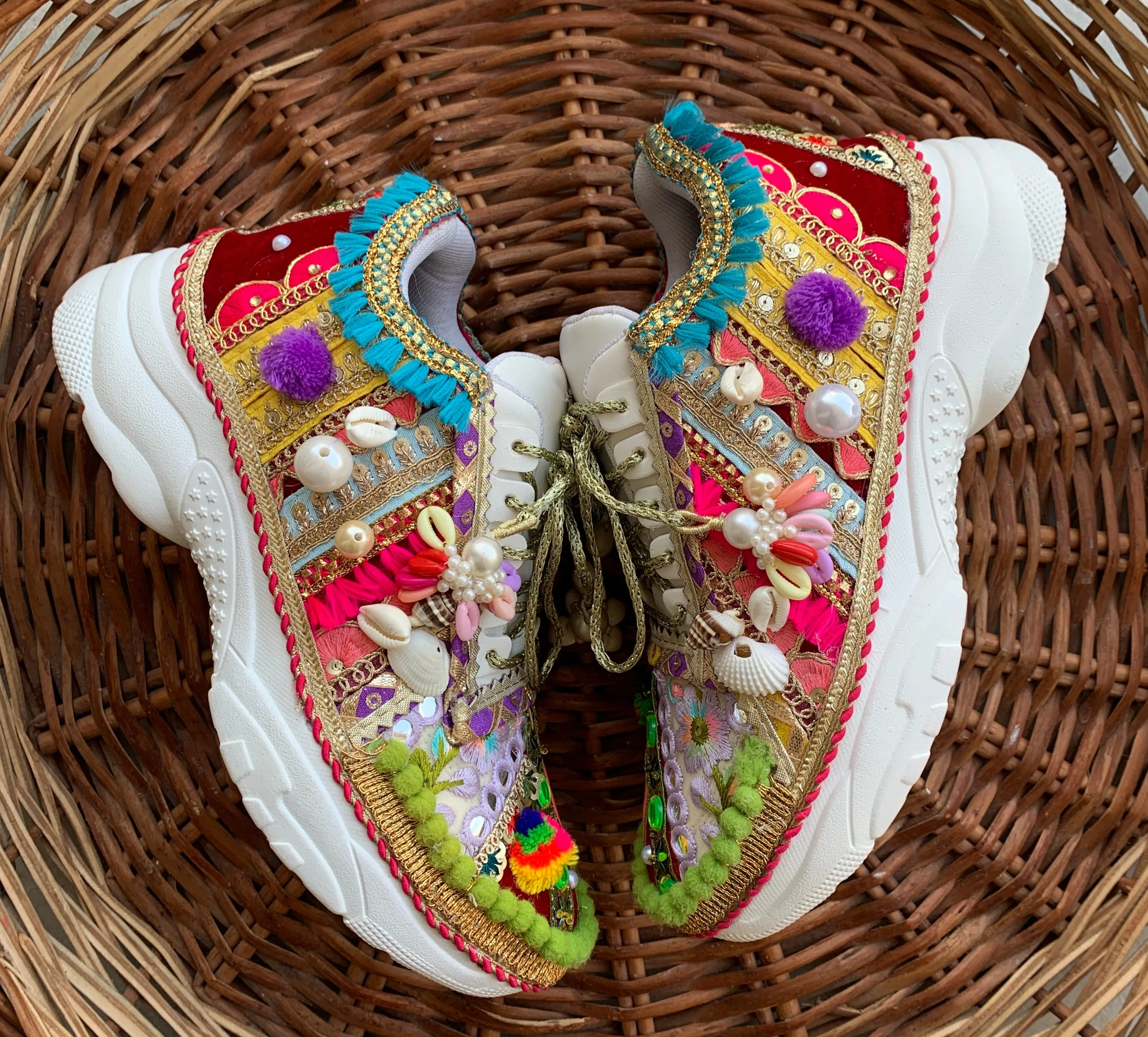 FUNKY N TRENDY boho theme hand work sneakers for brides / bridesmaids/ boho sneakers / bohemian sneakers / boho shoes/ multi colored sneakers