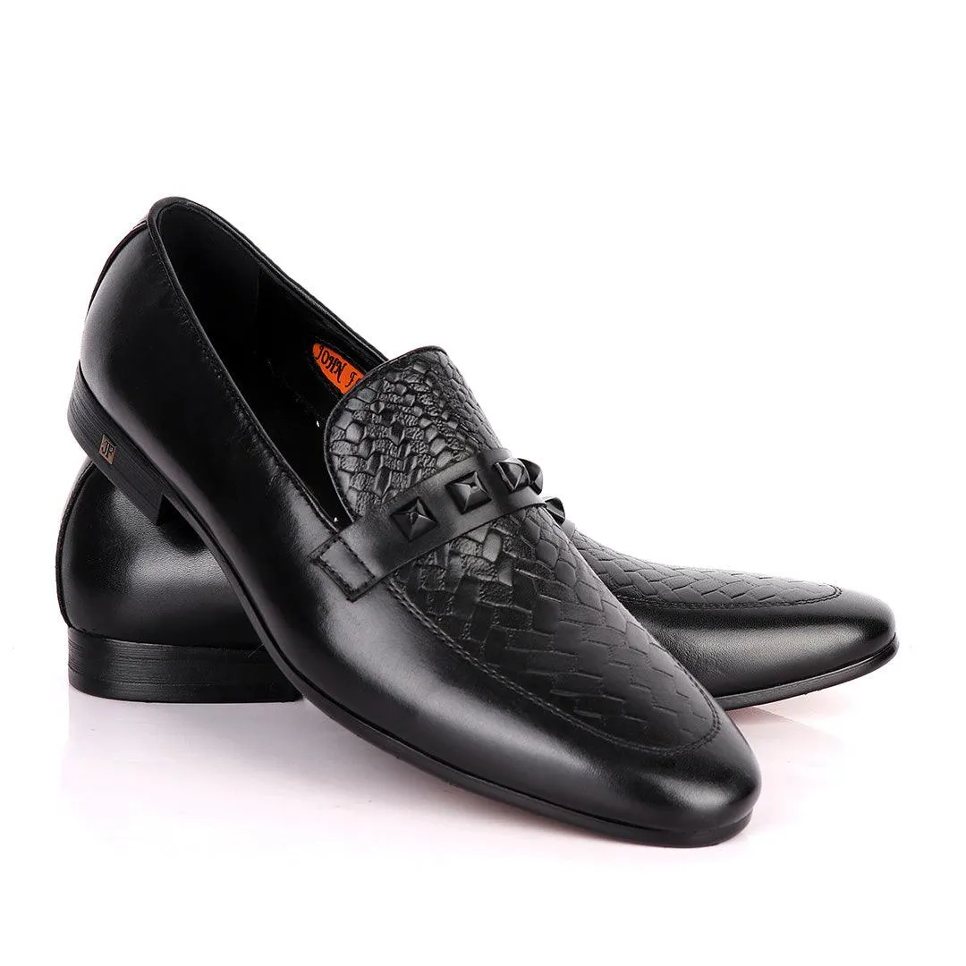 John Foster Half Woven With Black Crystal Design Leather Shoe-Black