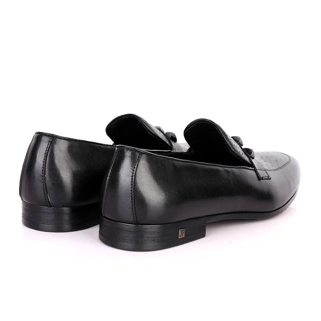 John Foster Half Woven With Black Crystal Design Leather Shoe-Black