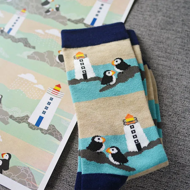 Katiki Point Lighthouse Printed Crew Length Socks