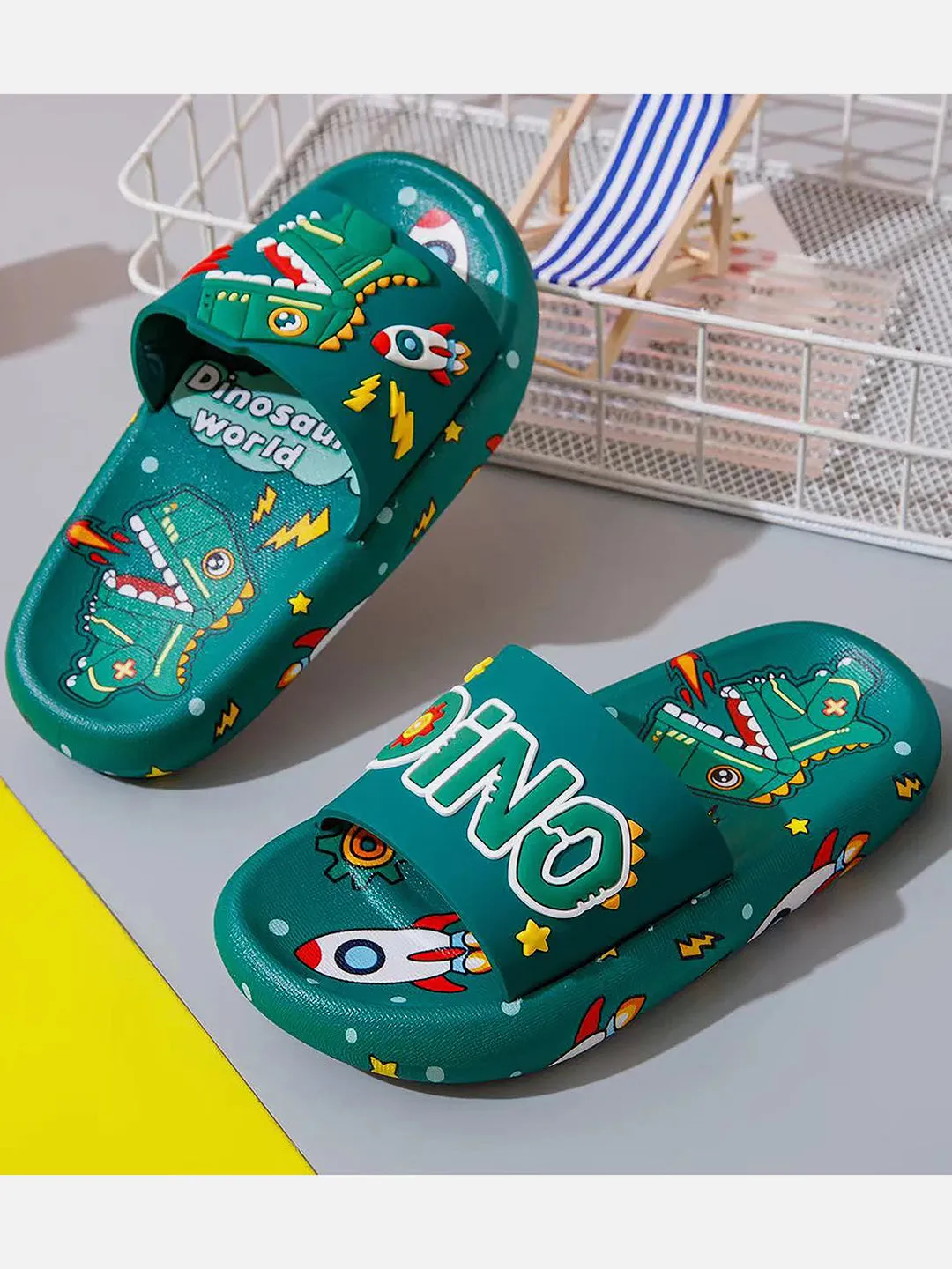 Little Surprise Box Dark Green all over Dino theme Slip on Clogs/Footwear for Toddlers & Kids