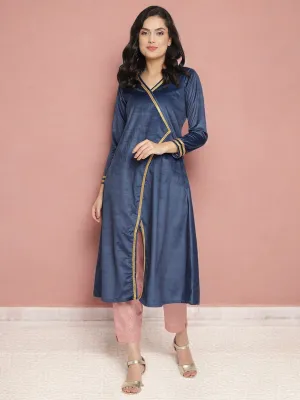 Navy Solid Velvet Angrakha Kurta With Gold Printed Pant